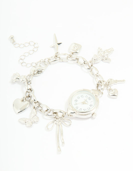 Silver Watch & Bow Charm Bracelet