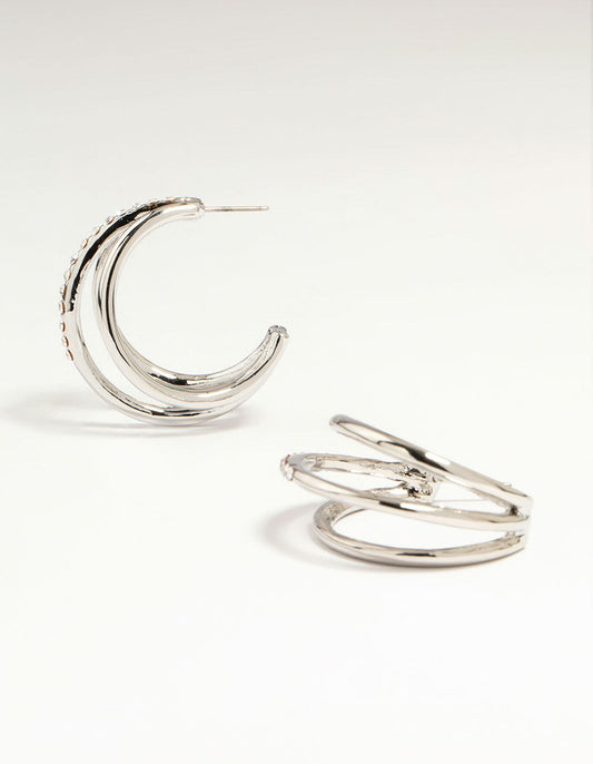 Silver Diamante Triple Hoop Earrings