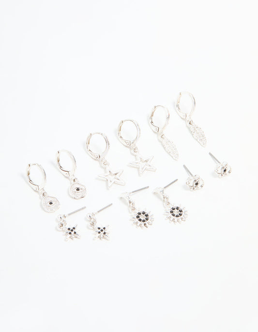 Silver Celestial & Feather Huggie Earrings 6-Pack