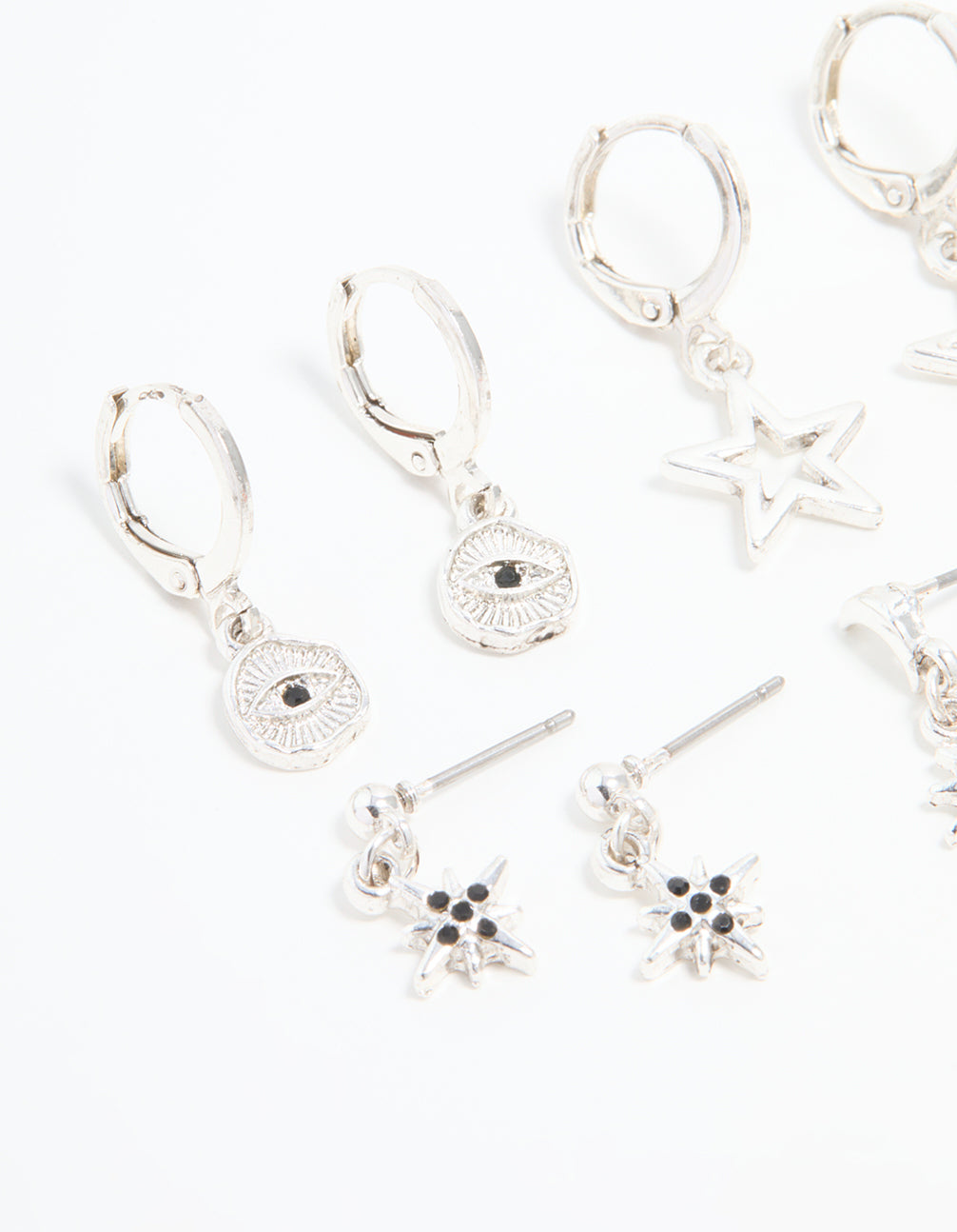 Silver Celestial & Feather Huggie Earrings 6-Pack