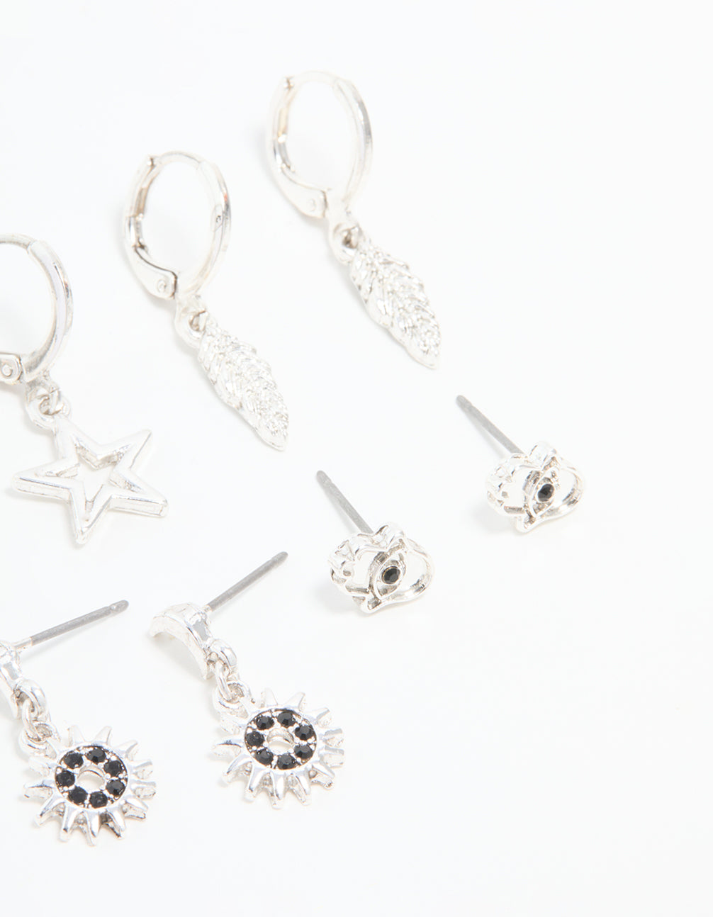Silver Celestial & Feather Huggie Earrings 6-Pack