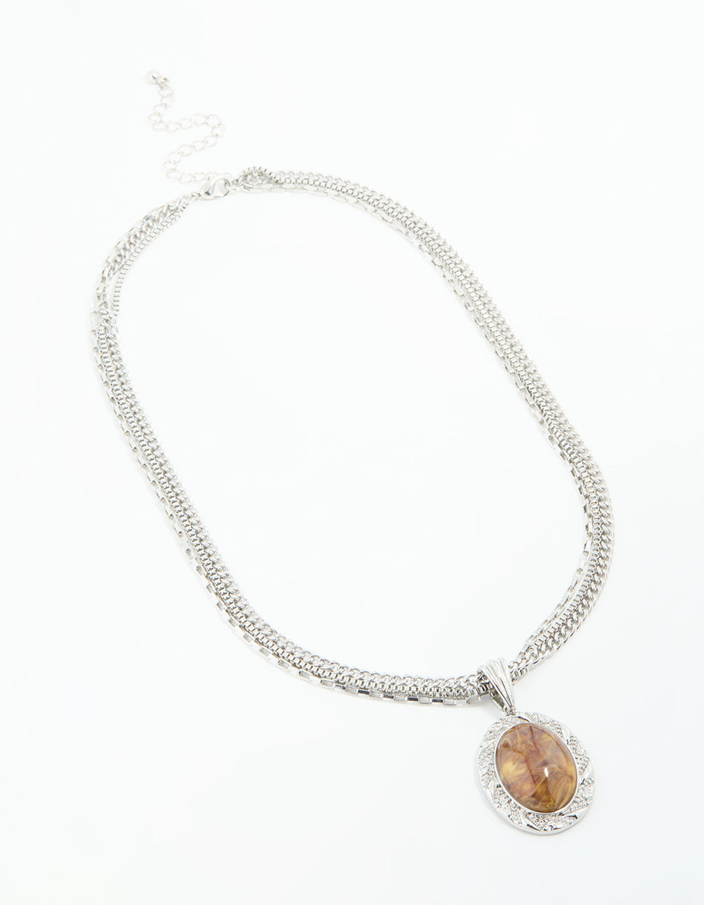 Silver Triple Chain Oval Pendant Necklace