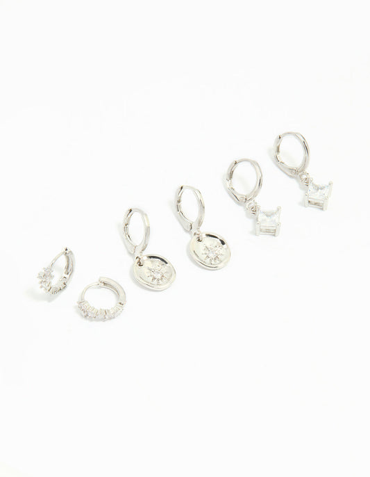 Silver Cubic Zirconia Celestial Huggie Earrings 3-Pack