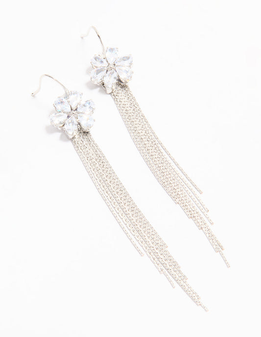 Silver Cubic Zirconia Flower Drop Earrings