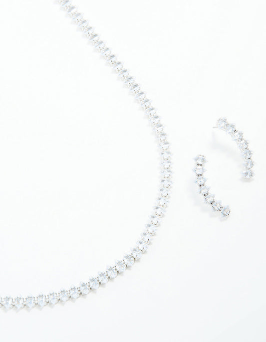 Silver Cubic Zirconia Navette Necklace & Earrings Set