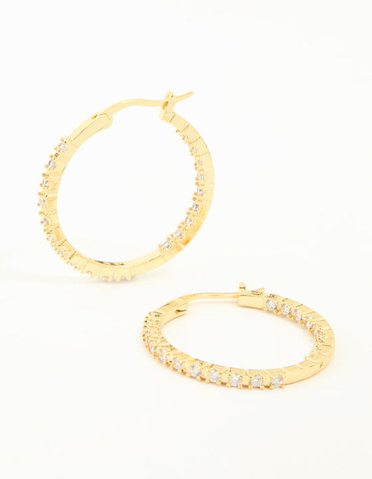 Gold Plated Cubic Zirconia Skinny Large Hoop Earrings