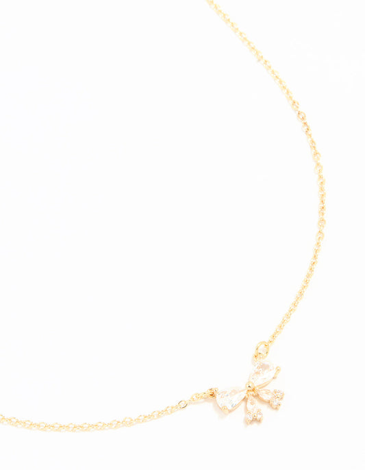 Gold Plated Cubic Zirconia Small Bow Pendant Necklace