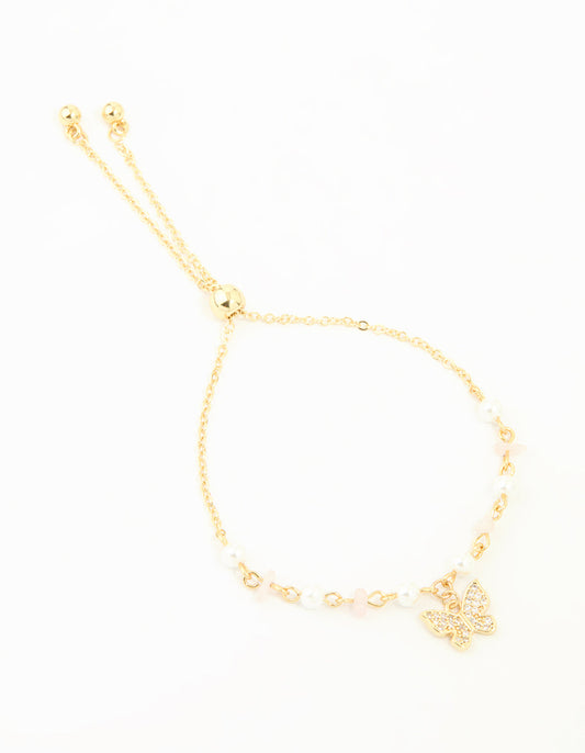 Gold Plated Cubic Zirconia Pearl Semi Precious Butterfly Toggle Bracelet