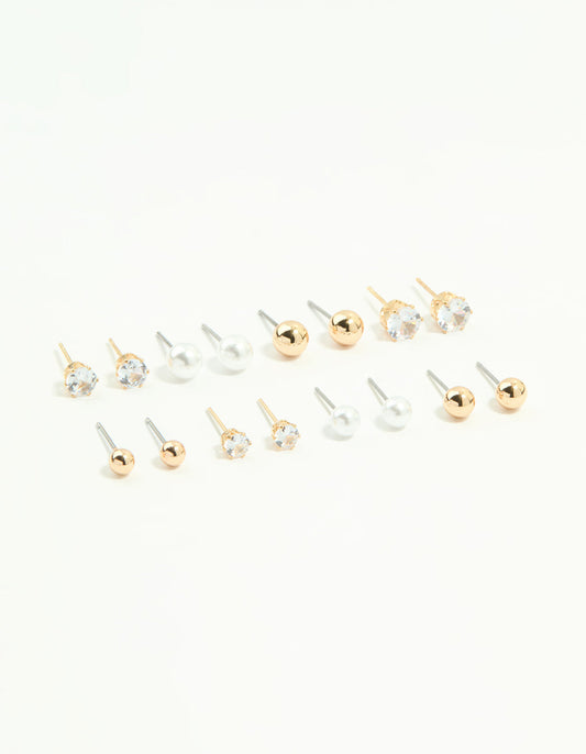 Gold Mixed Basic Stud Earrings 8-Pack
