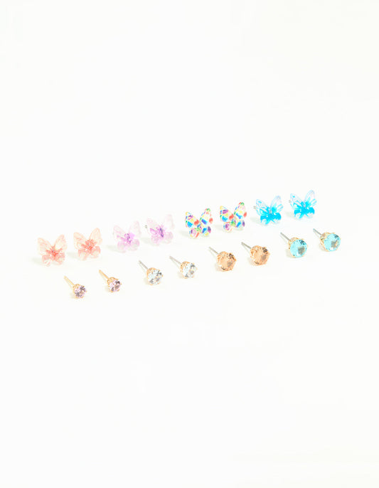 Gold Diamante & Butterfly Stud Earrings 8-Pack