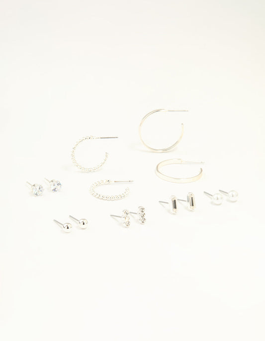 Silver Diamante Mixed Stud & Hoop Earrings 7-Pack