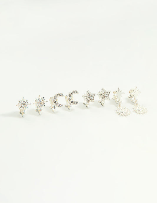 Silver Star & Moon Clip-On Earrings 4-Pack
