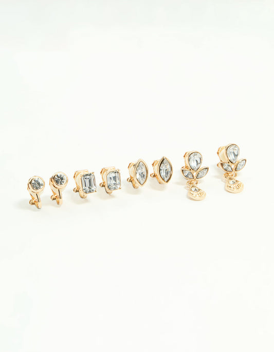 Gold Diamante Mixed Shape Clip-On Earrings 4-Pack