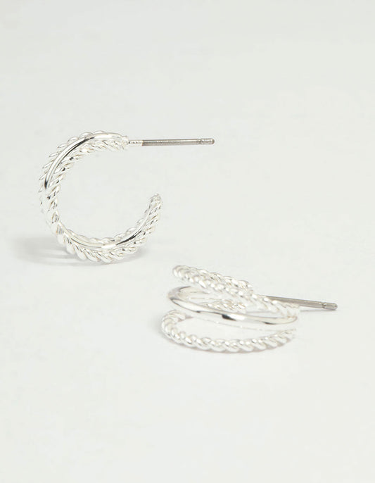 Silver Twisted & Plain Triple Hoop Earrings