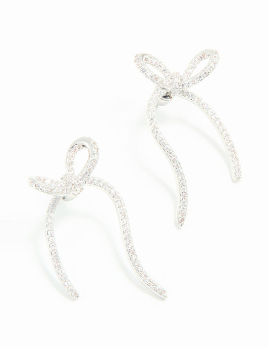 Silver Cubic Zirconia Dainty Ribbon Stud Earrings