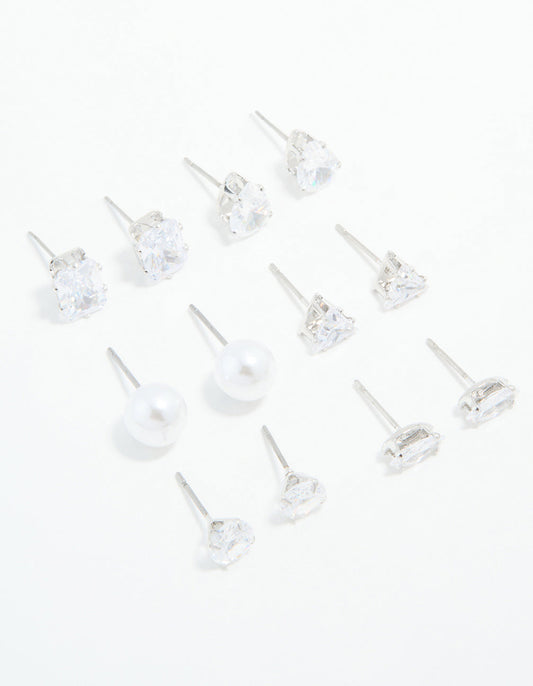 Silver Cubic Zirconia & Pearl Mixed Stud Earrings 6-Pack