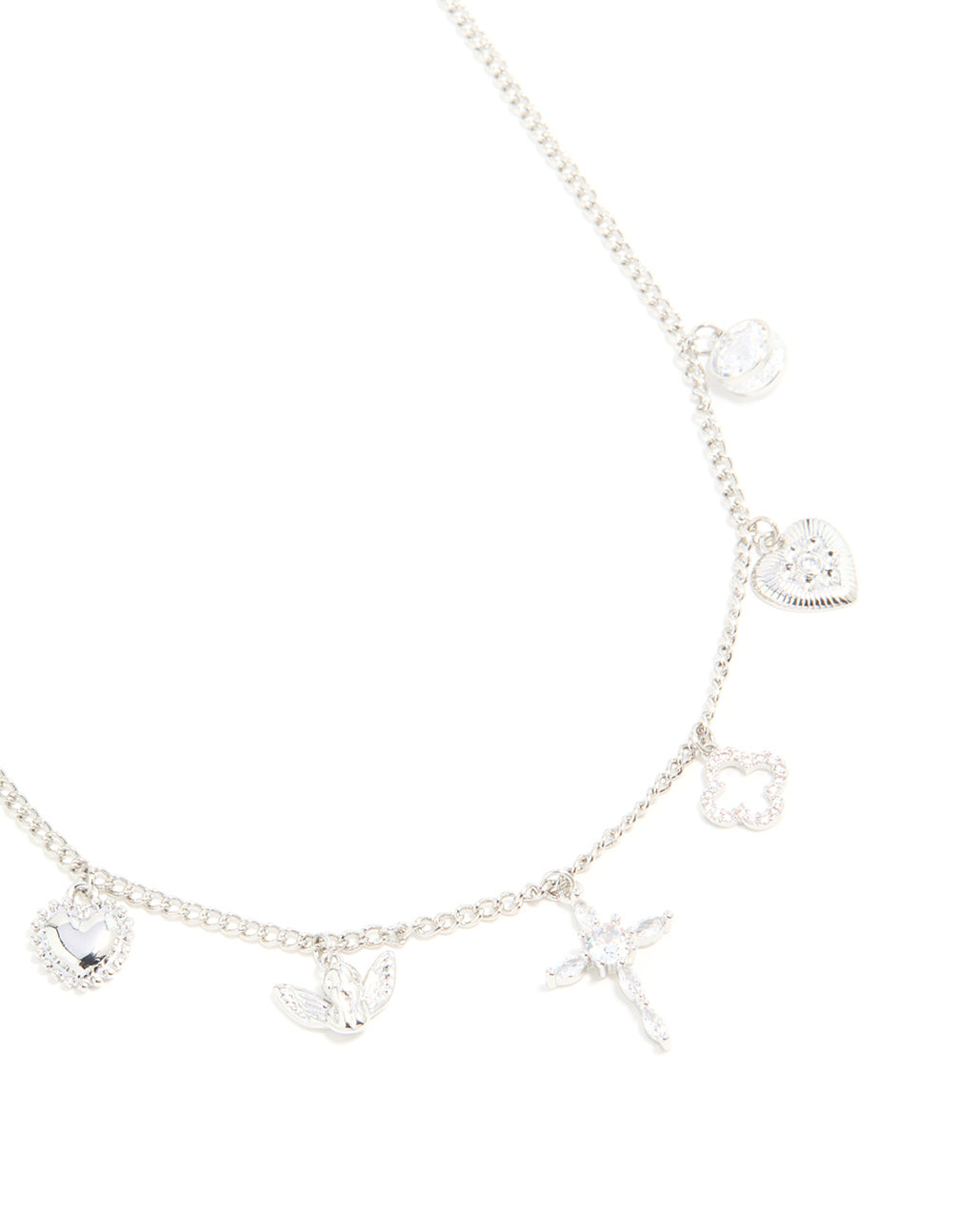 Silver Cubic Zirconia Cross & Heart Charm Necklace