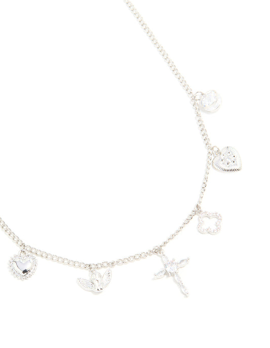 Silver Cubic Zirconia Cross & Heart Charm Necklace