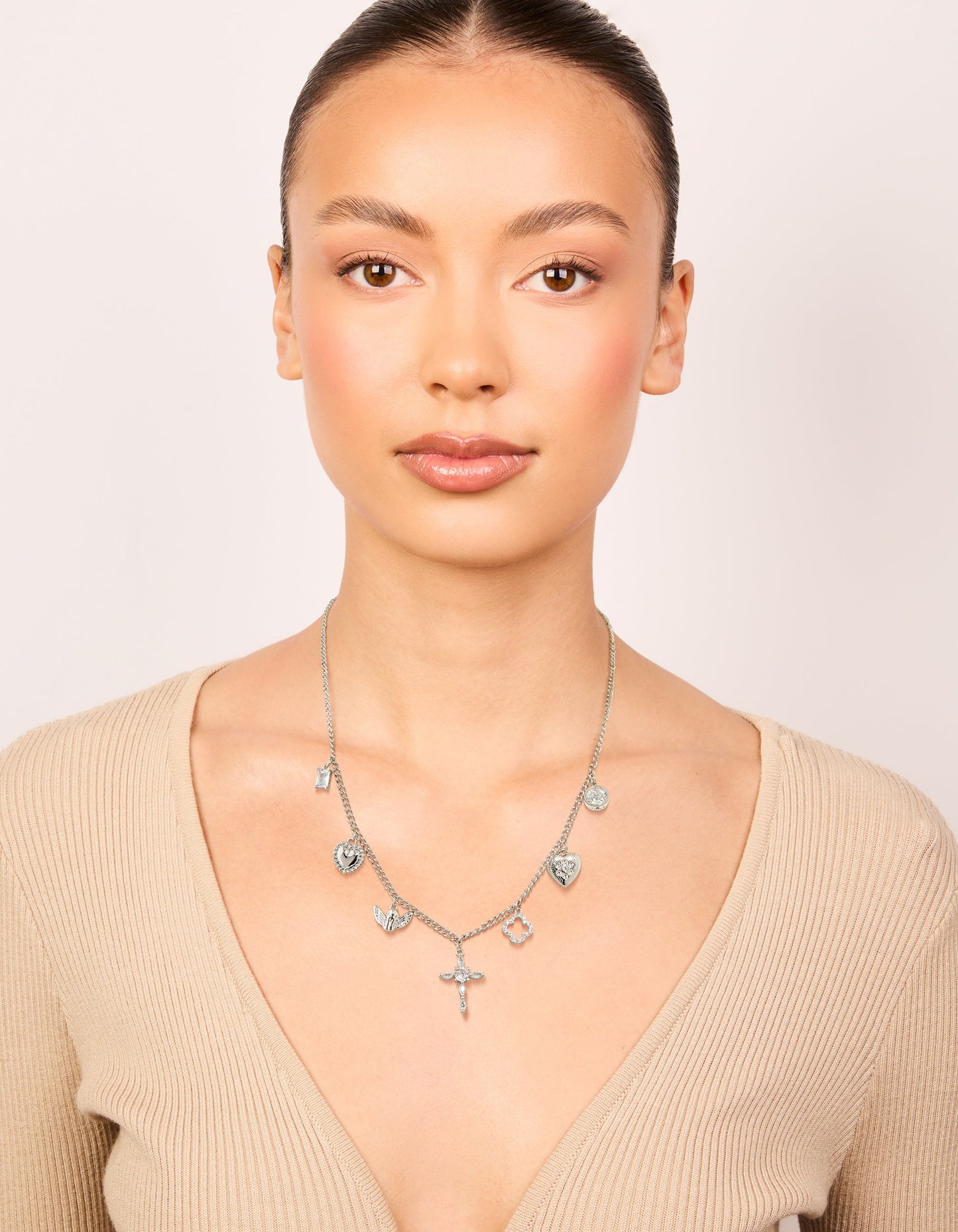 Silver Cubic Zirconia Cross & Heart Charm Necklace