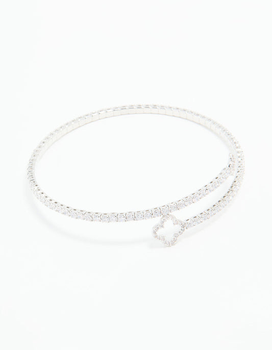 Silver Cubic Zirconia Open Floral Bangle