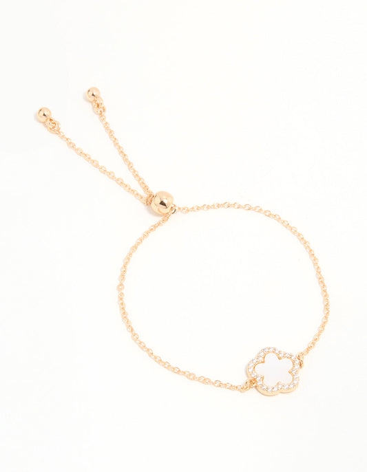 Gold Cubic Zirconia Pink Flower Toggle Bracelet