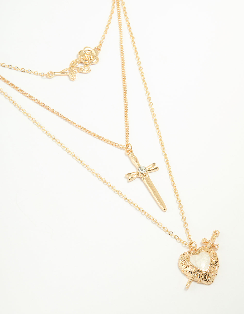 Gold Enamel Heart Rose & Cross Layered Necklace
