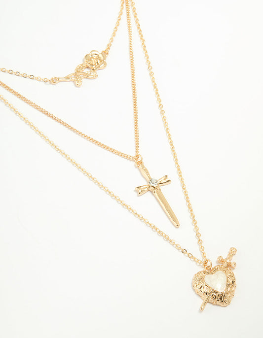 Gold Enamel Heart Rose & Cross Layered Necklace