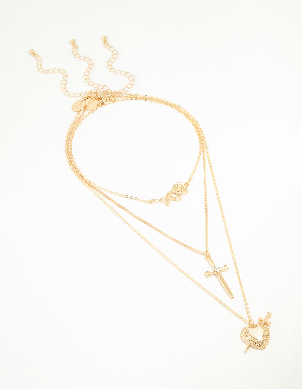 Gold Enamel Heart Rose & Cross Layered Necklace