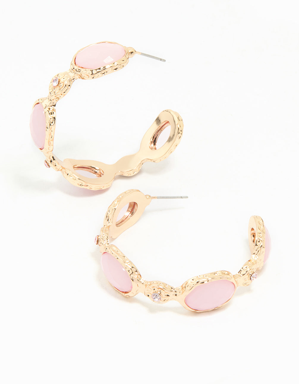 Gold Pink Stone Hoop Large Earrings
