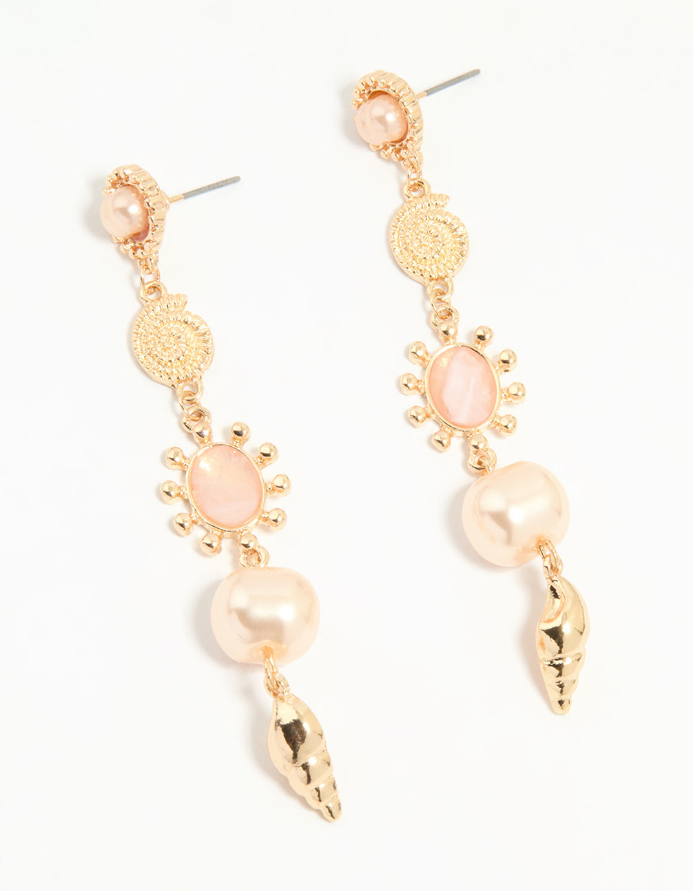 Gold Pearl & Pink Stone Drop Earrings