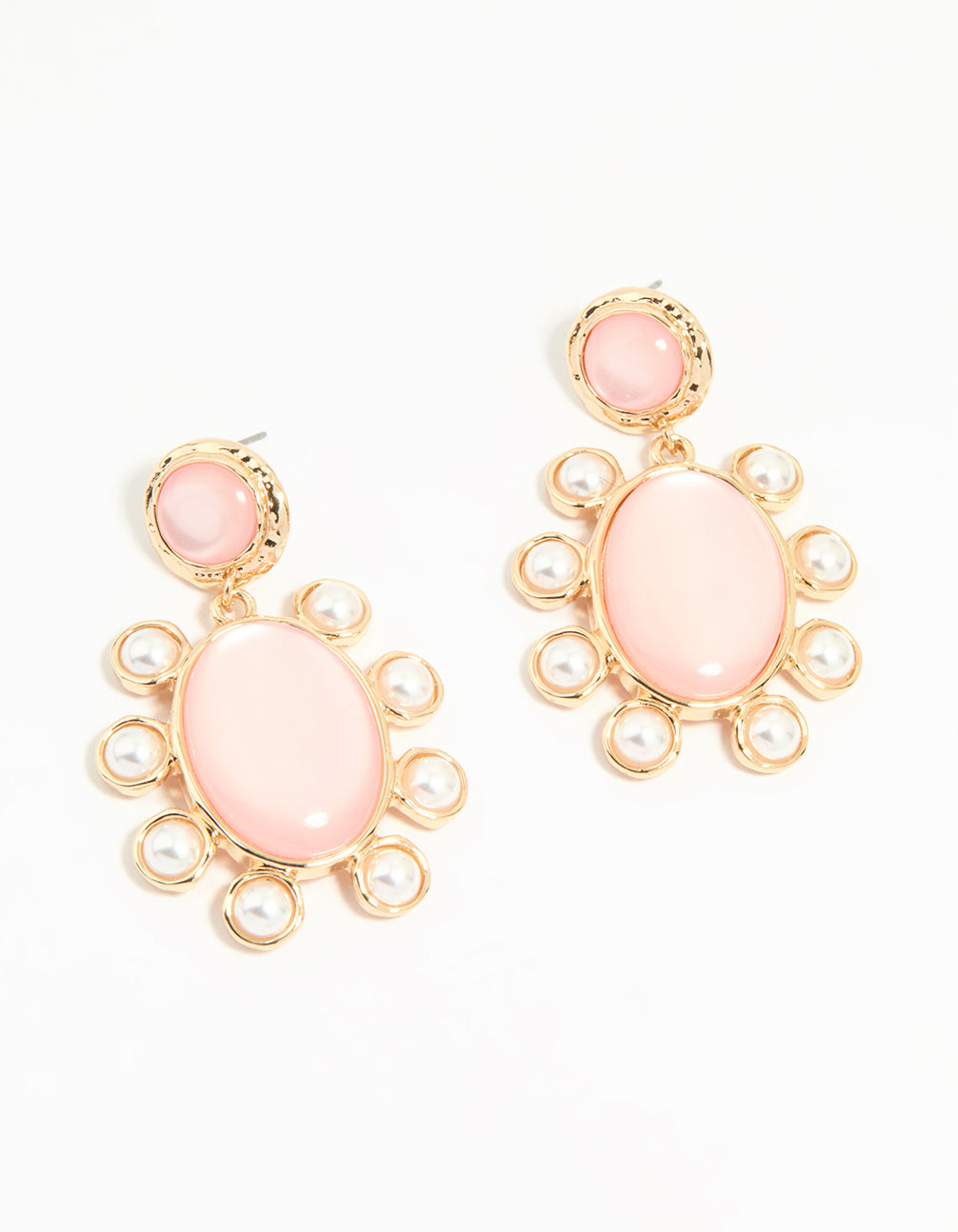 Gold Pink Stone Flower Drop Earrings