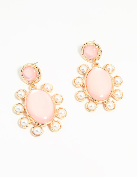 Gold Pink Stone Flower Drop Earrings