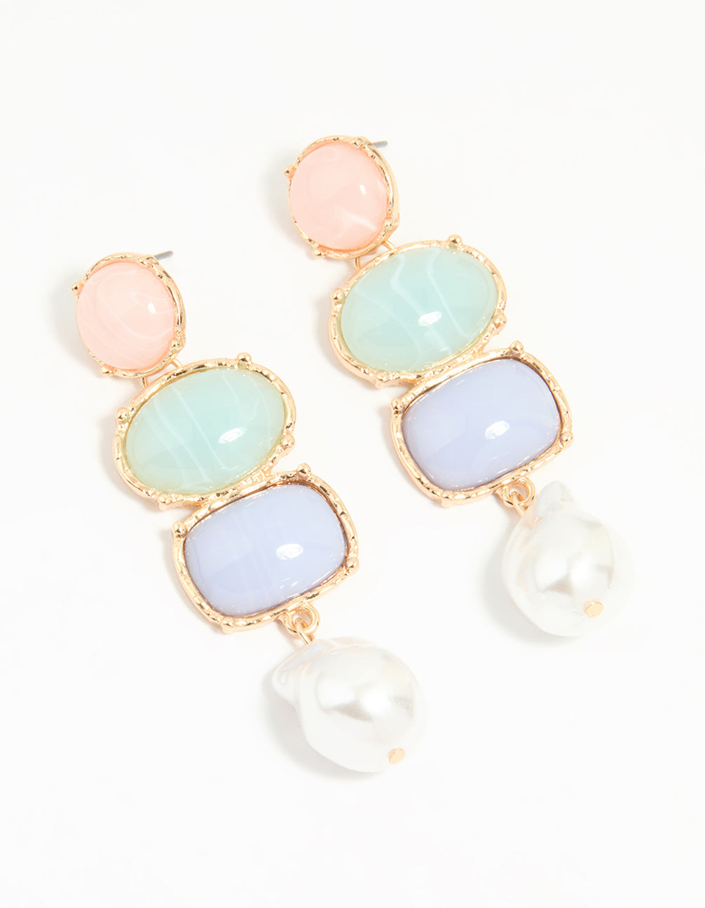 Gold Pearl Pink, Green & Blue Stone Drop Earrings