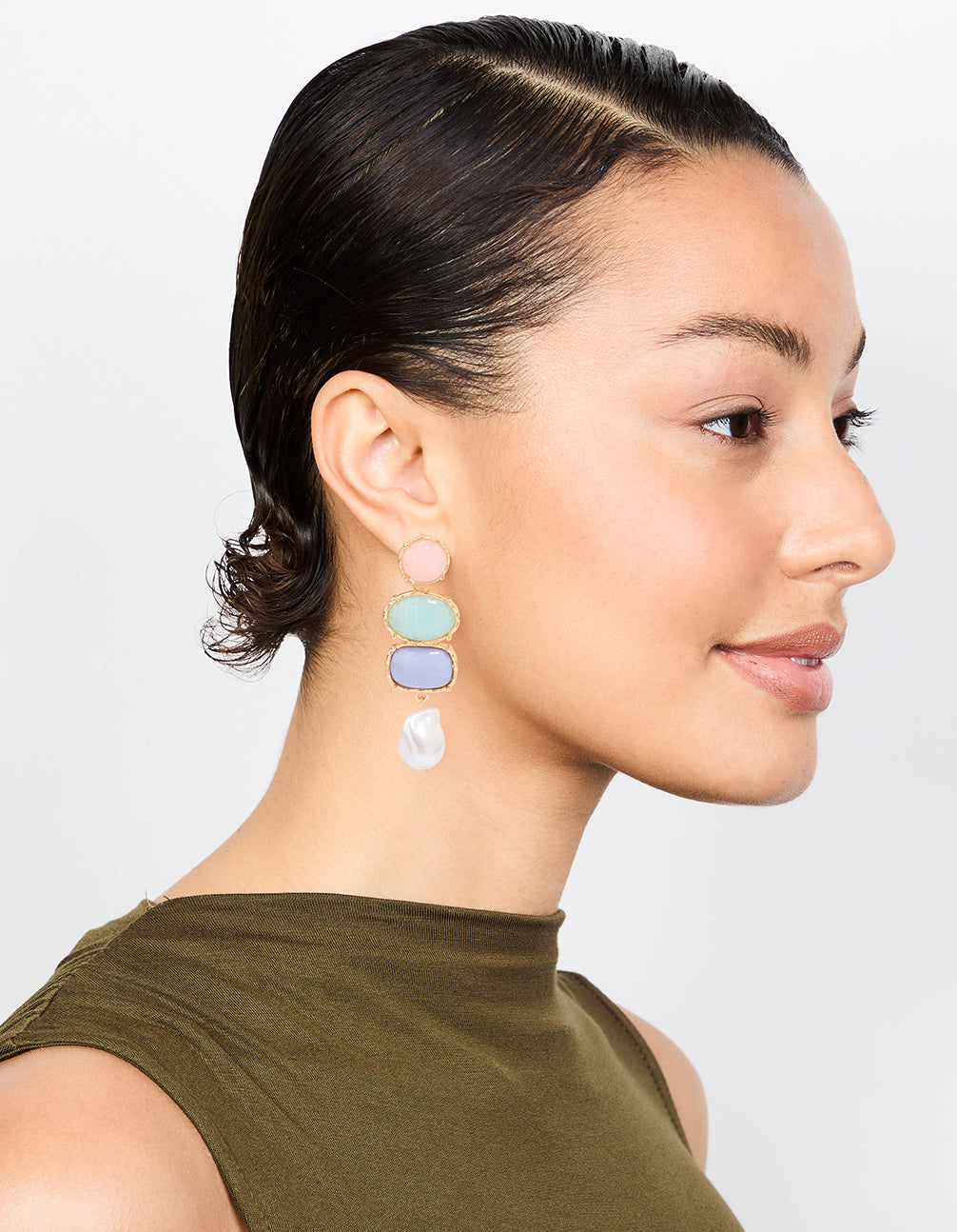 Gold Pearl Pink, Green & Blue Stone Drop Earrings