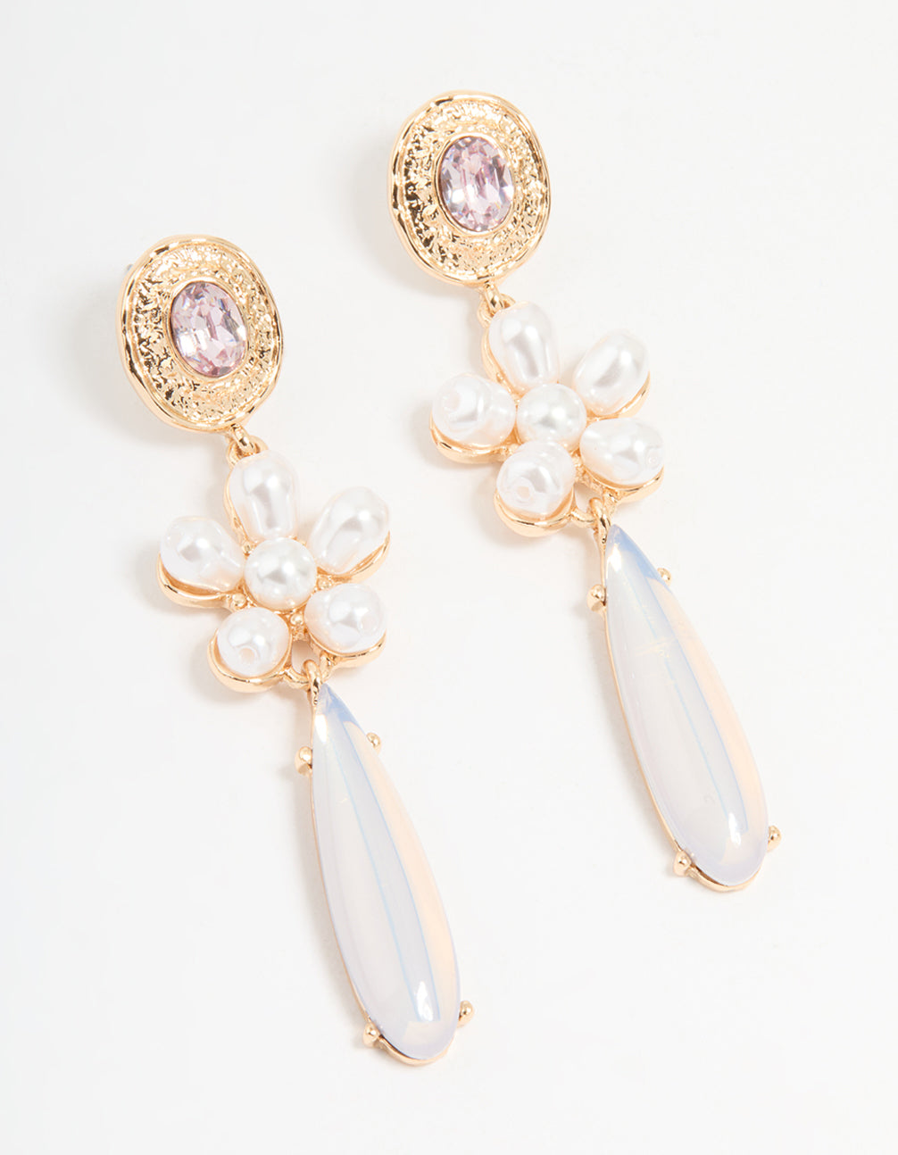 Gold Pearl & Flower Drop Earrings