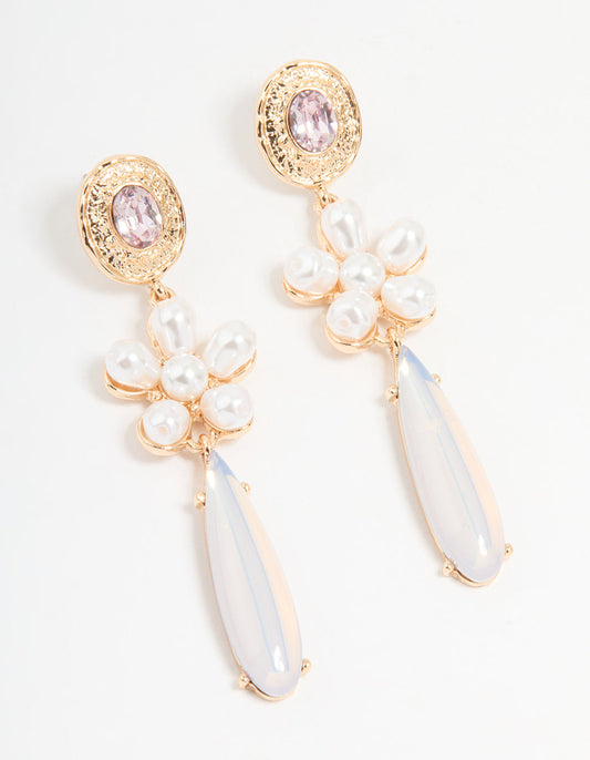Gold Pearl & Flower Drop Earrings