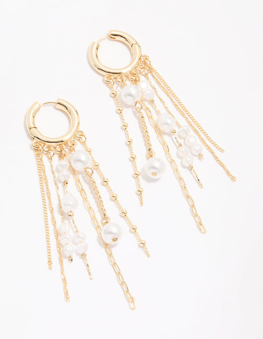 Gold Chain & Pearl Huggie Earrings