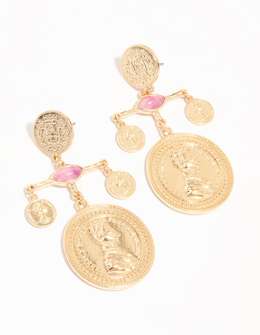Gold Pink Marble & Coin Mobile Drop Earrings