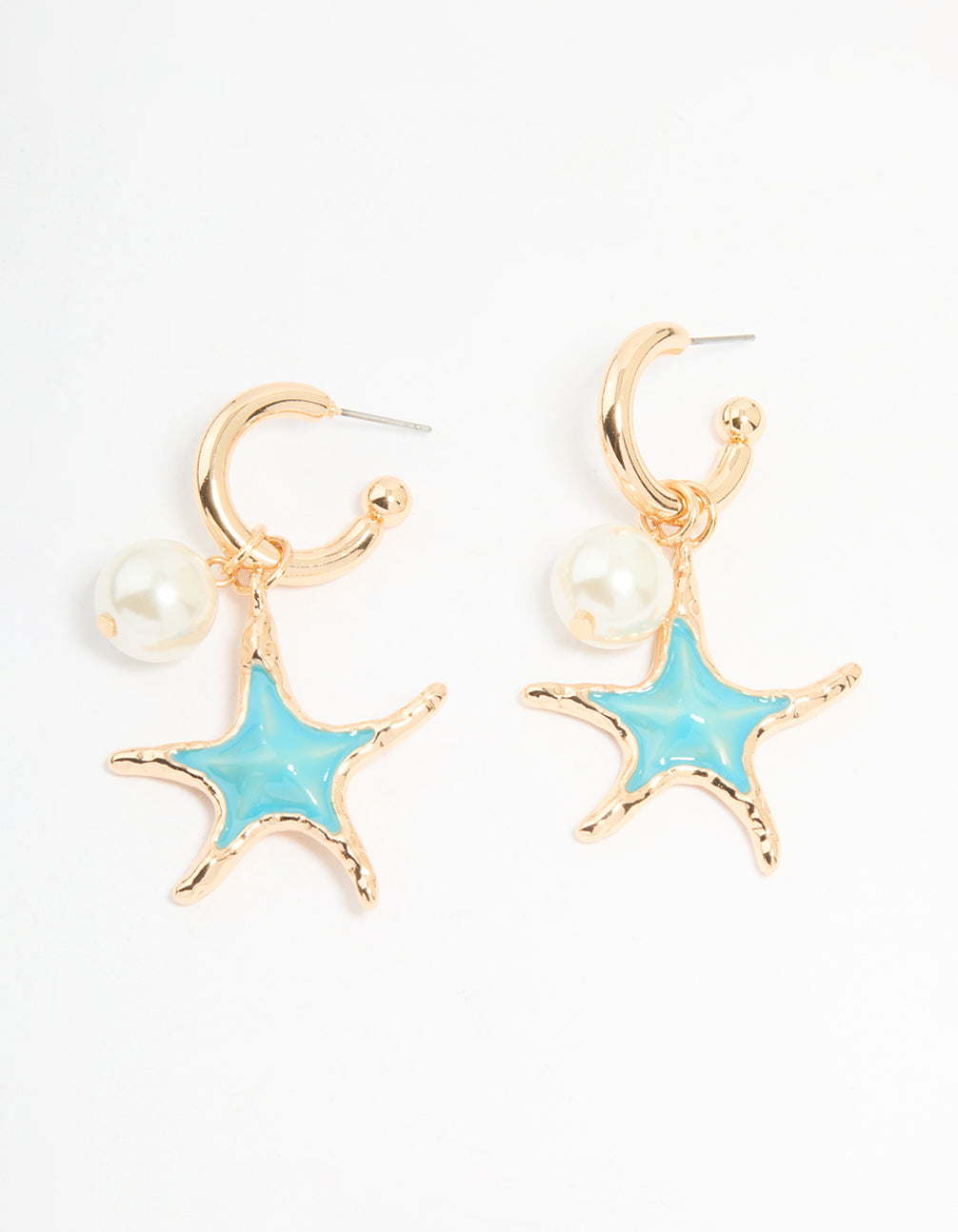 Gold Pearl & Blue Starfish Charm Huggie Earrings