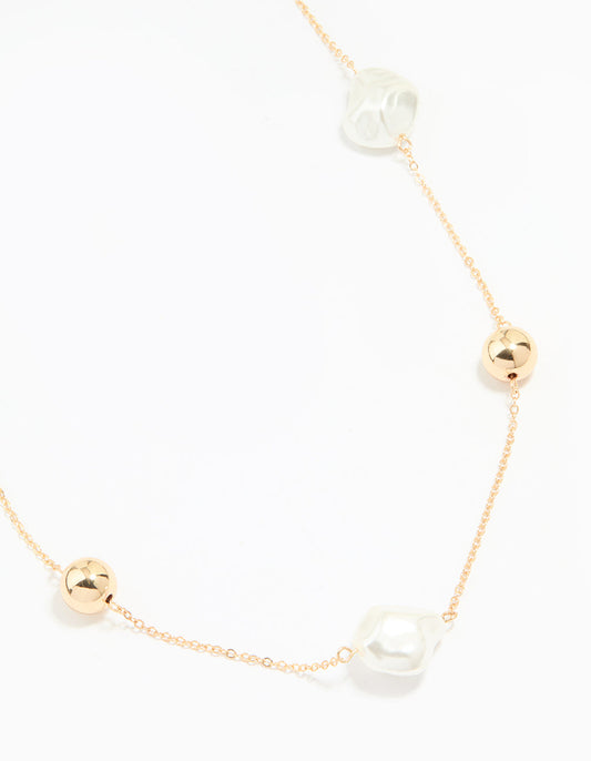 Gold Pearl & Solid Ball Long Link Necklace