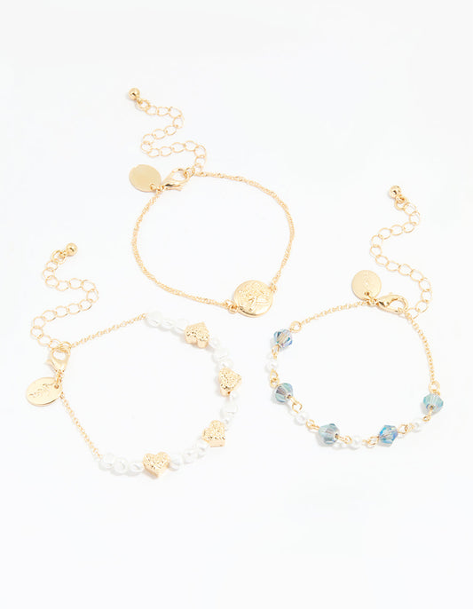 Gold Pearl Heart Beaded Bracelets 3-Pack