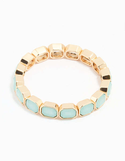Gold Blue Beaded Octagon Stretch Bracelet