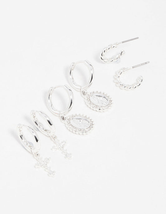 Silver Diamante Cross Huggie Earrings 3-Pack