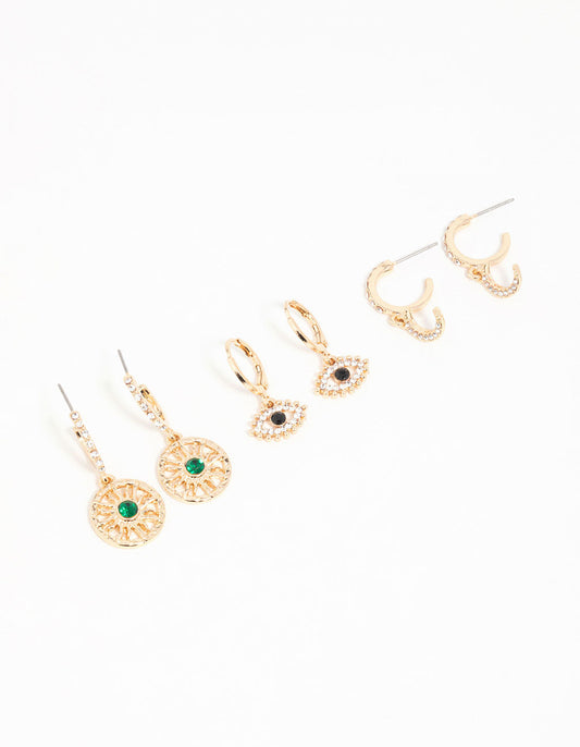 Gold Celestial Eye Diamante Earrings 3-Pack