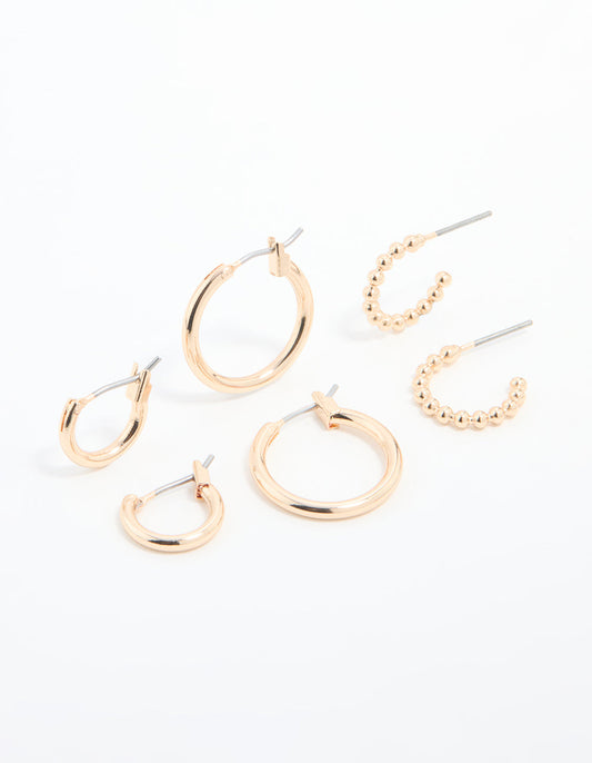 Gold Sleek & Bubble Hoop Earrings 3-Pack