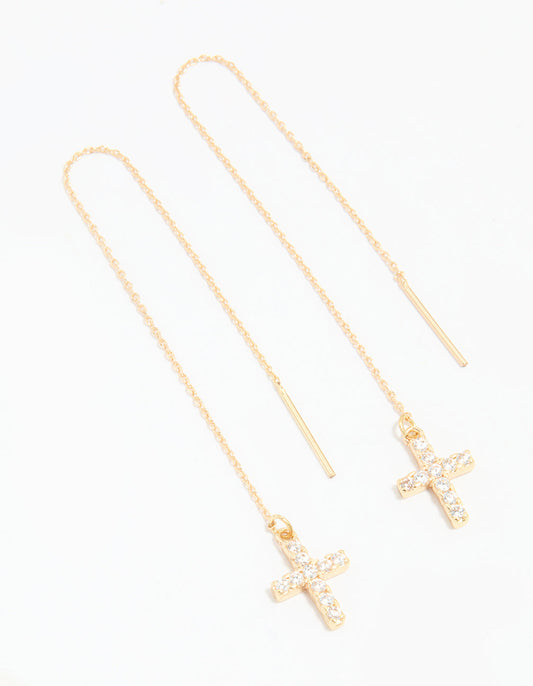 Gold Cubic Zirconia Cross Threader Earrings