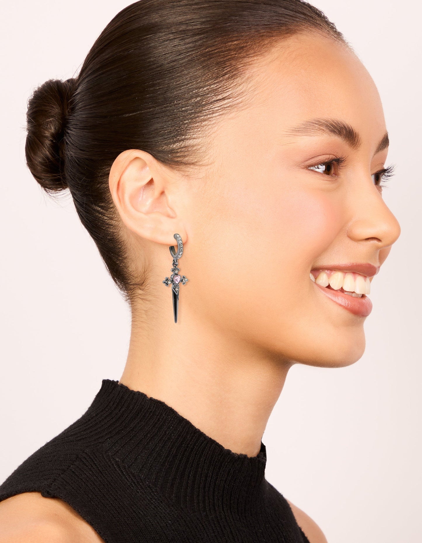 Gunmetal Pink Diamante Dagger Huggie Earrings