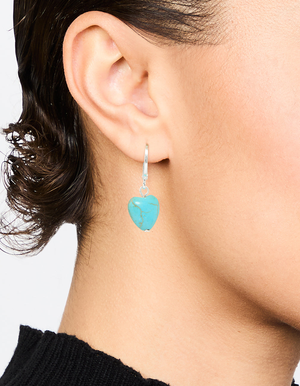 Silver Blue Semi Precious Stone Heart Huggie Earrings