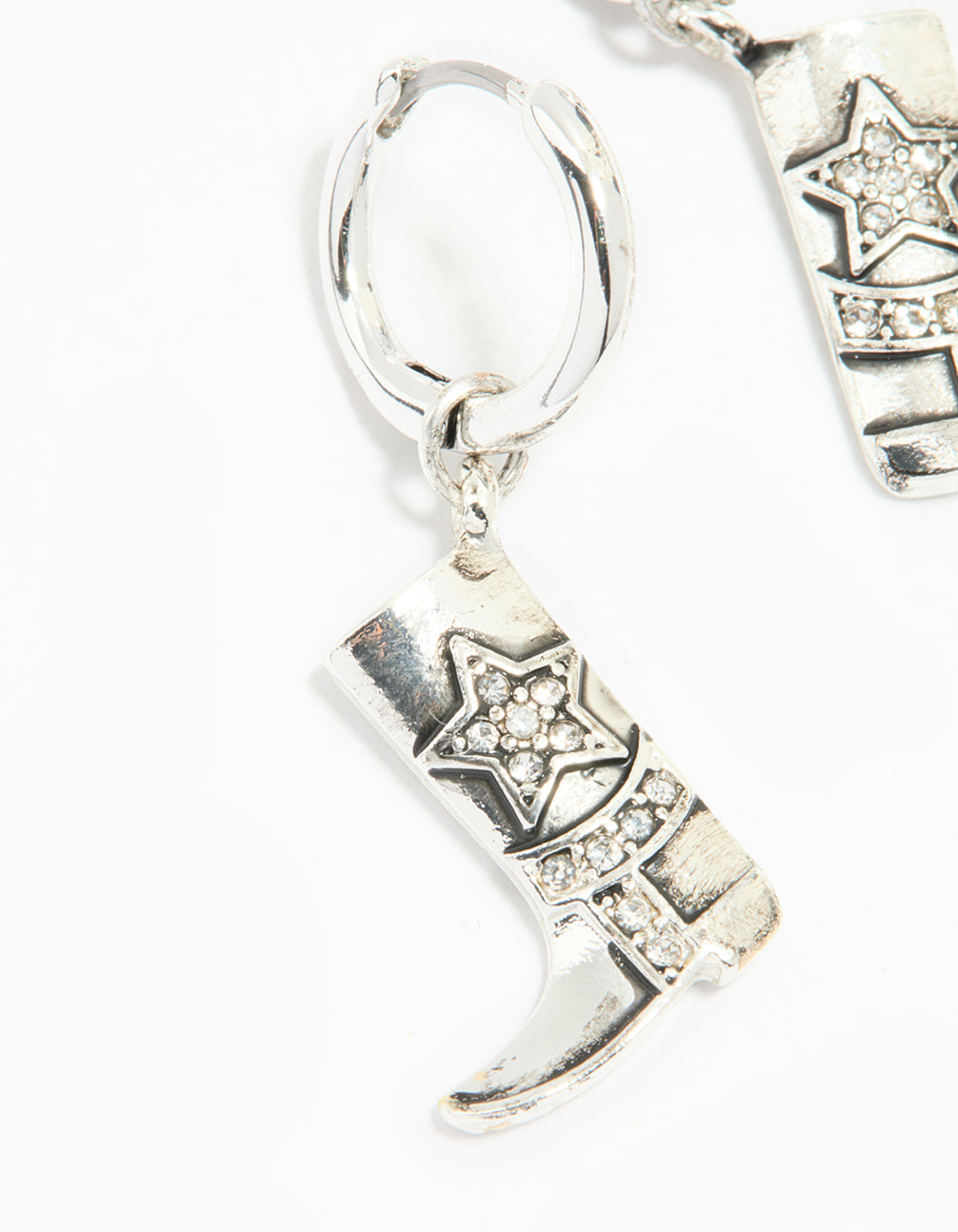 Antique Silver Diamante Cowboy Boot Drop Earrings
