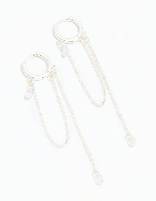 Silver Cubic Zirconia Loop Chain Huggie Earrings